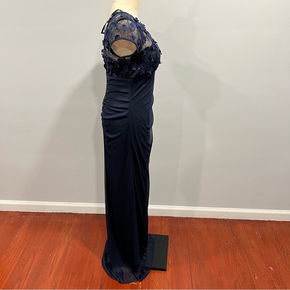 XSCAPE Navy Flower Detailed Draping Side Cap Sleeve Long Formal Sheath Gown - Picture 9 of 12